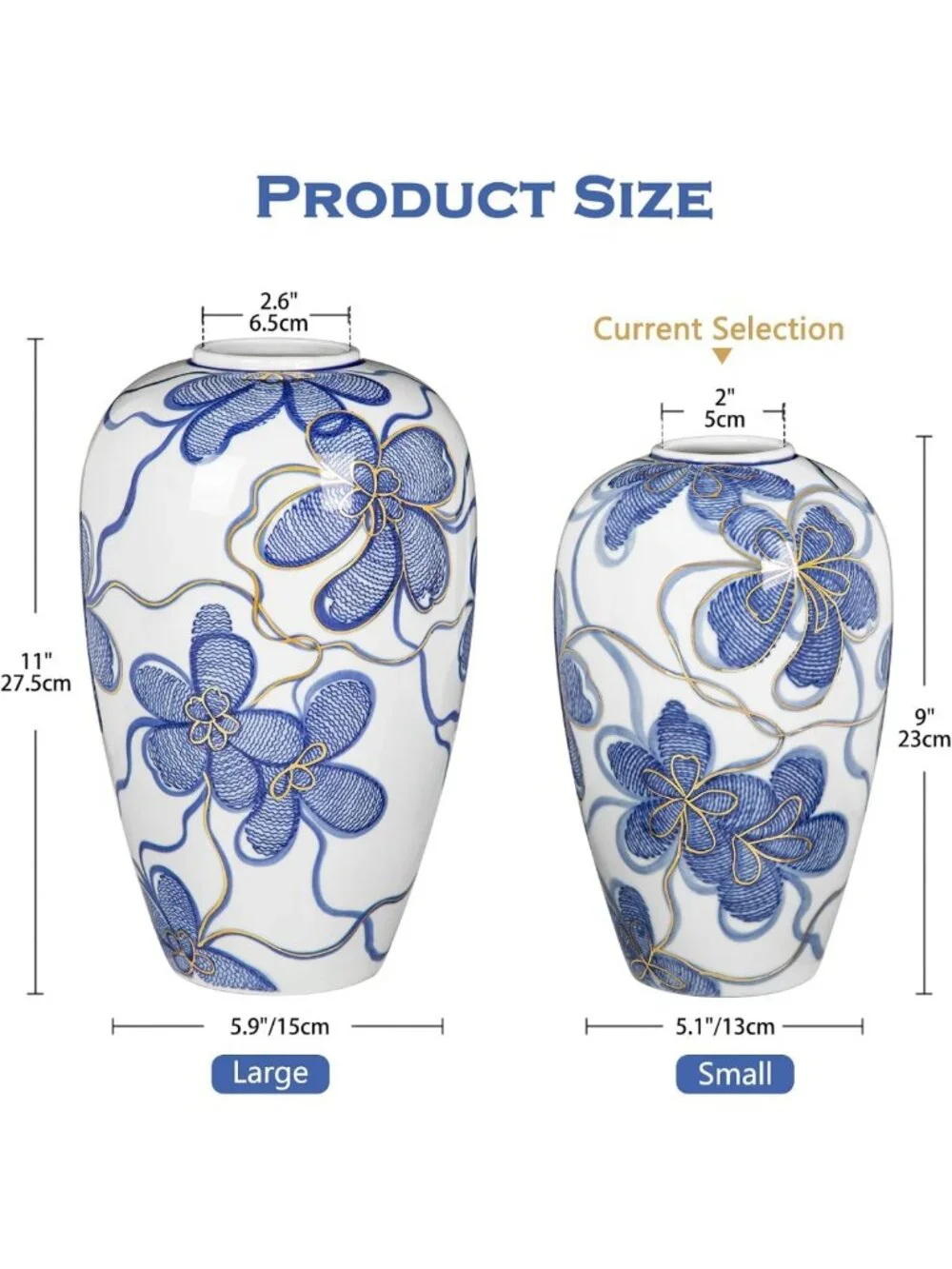 Hand-Painted Blue & White Ceramic Flower Vase with Gold Accents - 9
